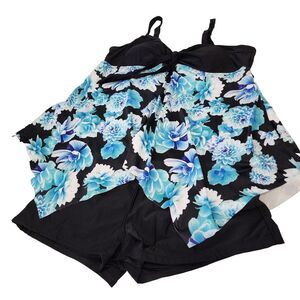 Rosegal 3X Women's Tankini Boyshorts Swim Set Floral Blk Teal Purple Hankerchief